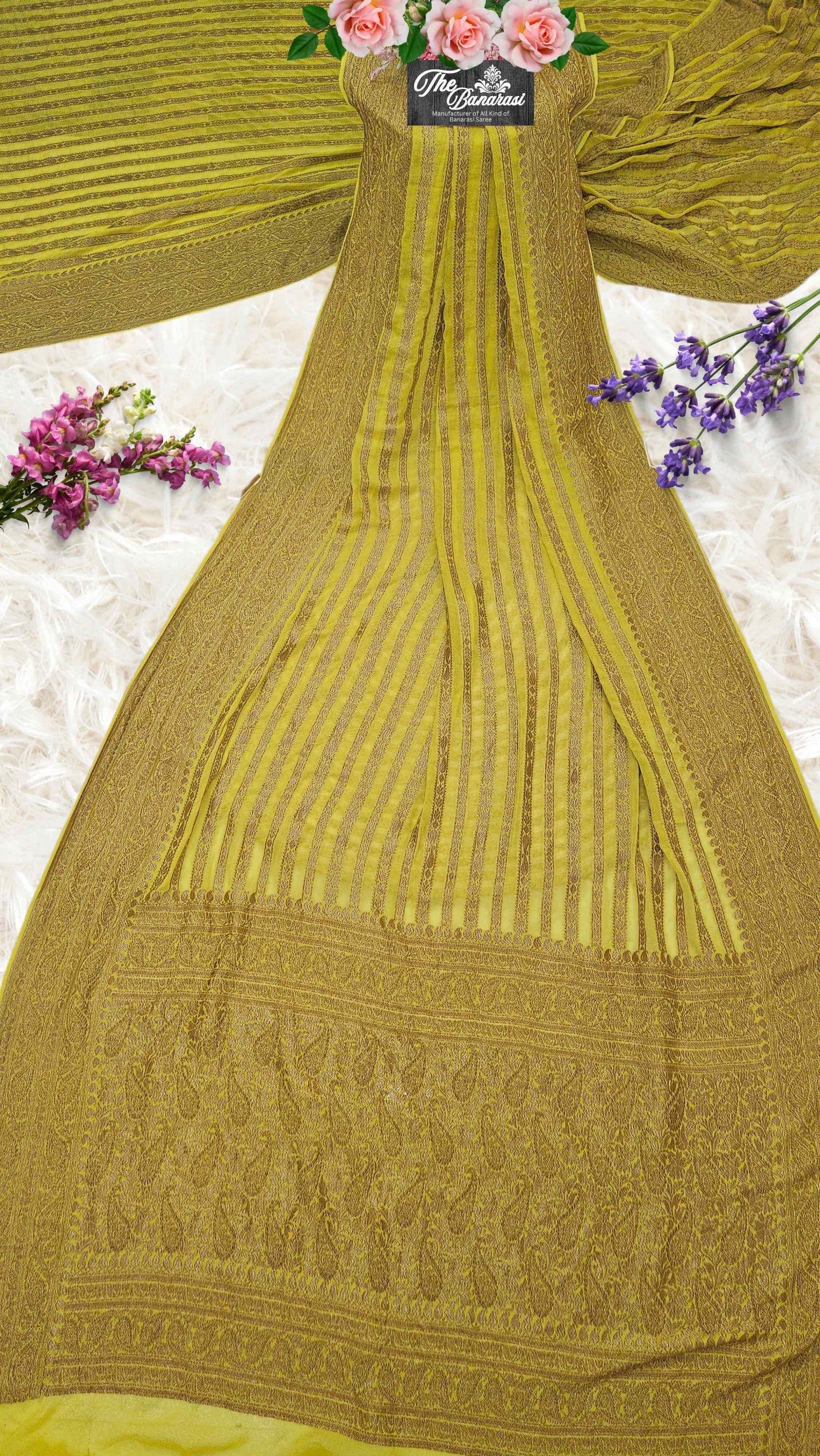 Neon Yellow Khaddi Georgette Handwoven Banarasi Saree with Antique Zari Work - Full View