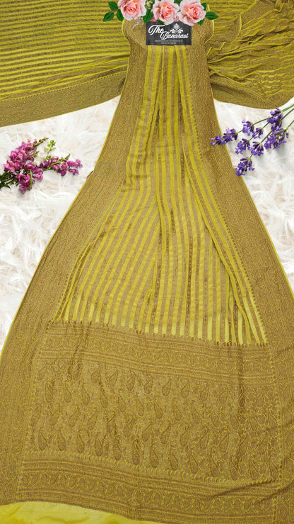 Neon Yellow Khaddi Georgette Handwoven Banarasi Saree with Antique Zari Work - Full View