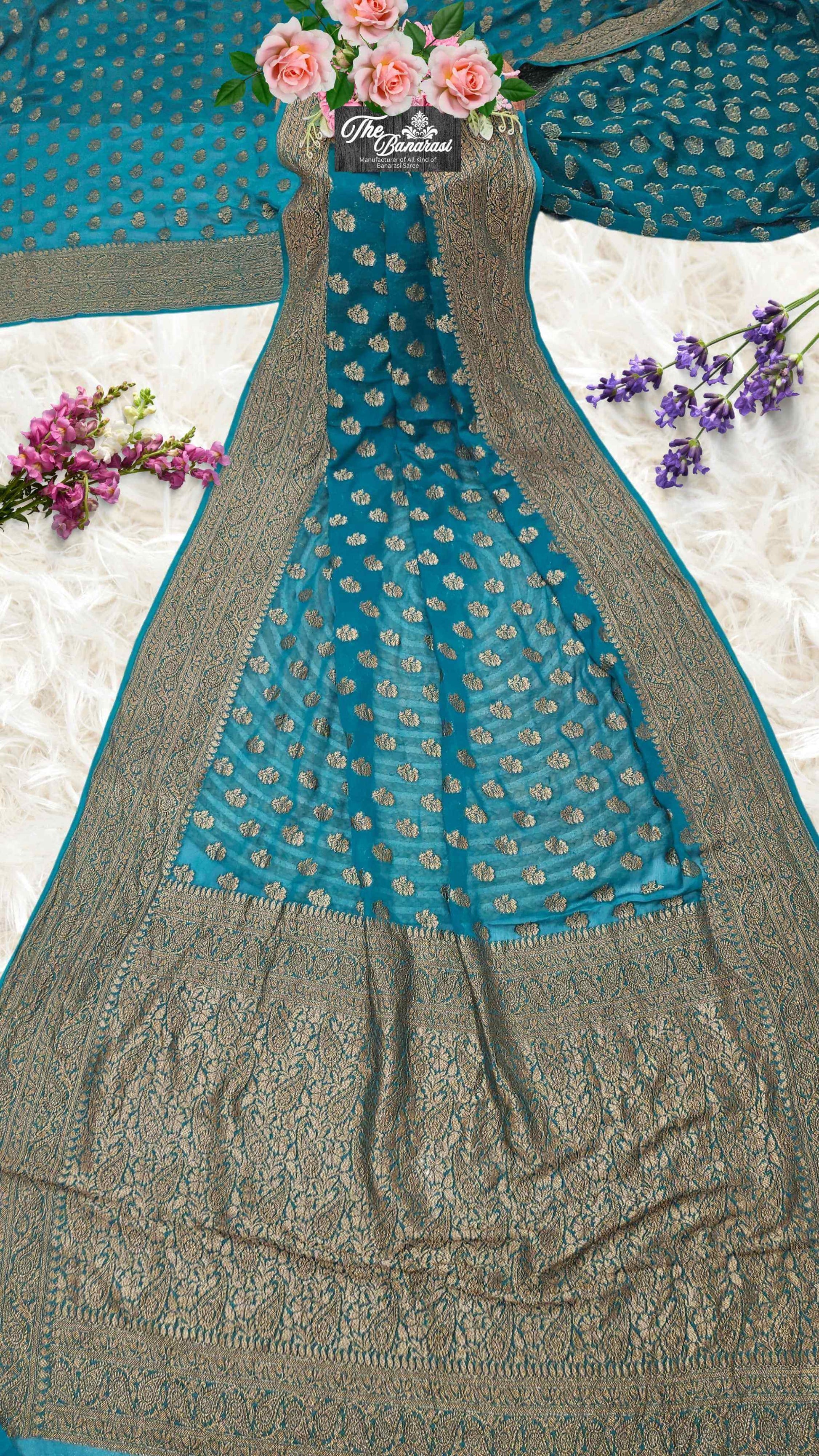 Pine Green Khaddi Georgette Handwoven Banarasi Saree with Antique Zari Work - Full View