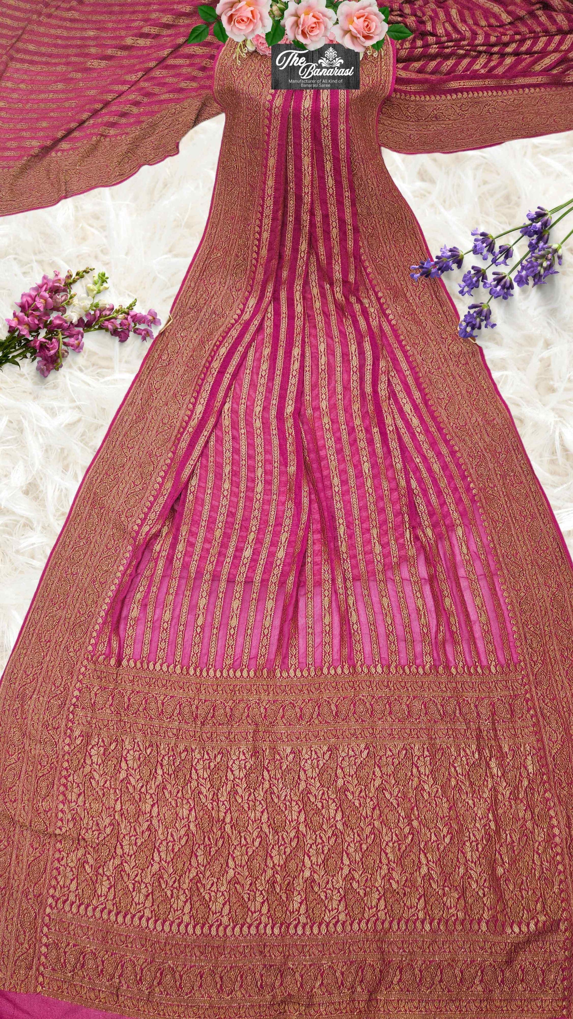 Magenta Khaddi Georgette Handwoven Banarasi Saree with Antique Zari Work - Full View