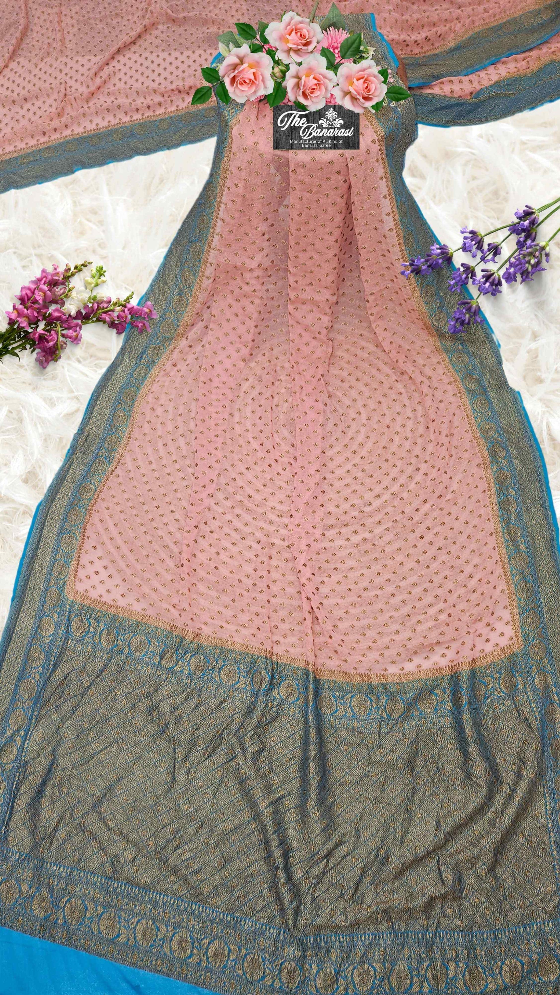 2D Shades Khaddi Georgette Handwoven Banarasi Saree with Antique Zari Work - Full View