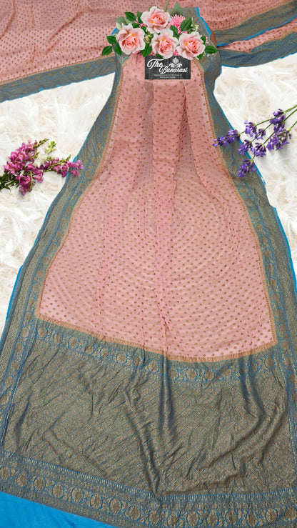 2D Shades Khaddi Georgette Handwoven Banarasi Saree with Antique Zari Work - Full View