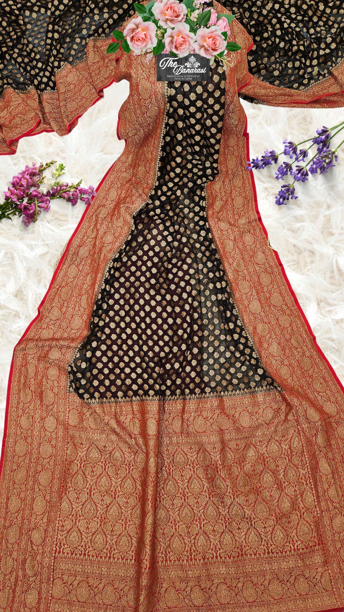 Dual Shade Khaddi Georgette Handwoven Banarasi Saree with Antique Zari Work - Full View