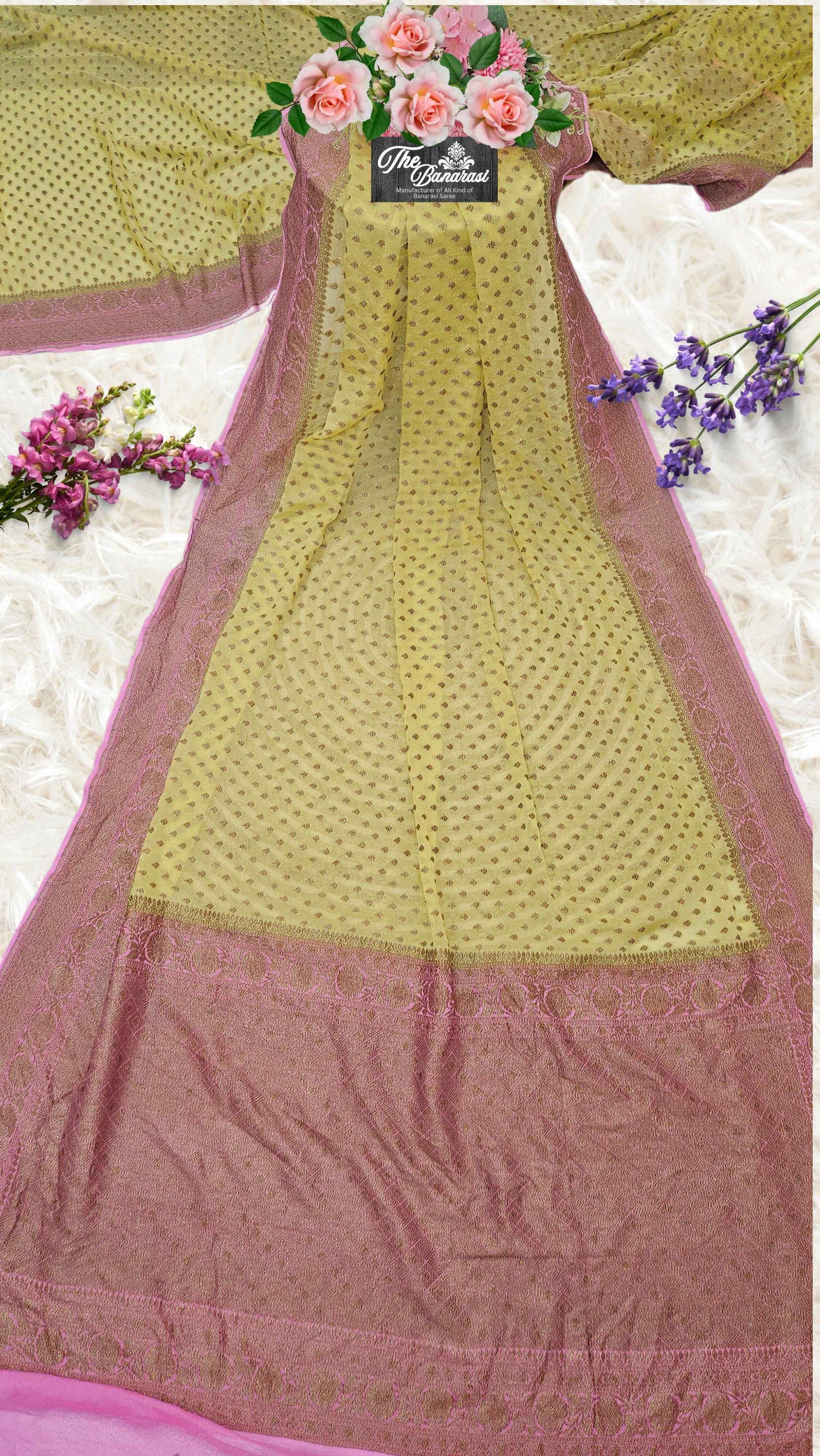 Two-Tone Color Khaddi Georgette Handwoven Banarasi Saree with Antique Zari Work - Full View