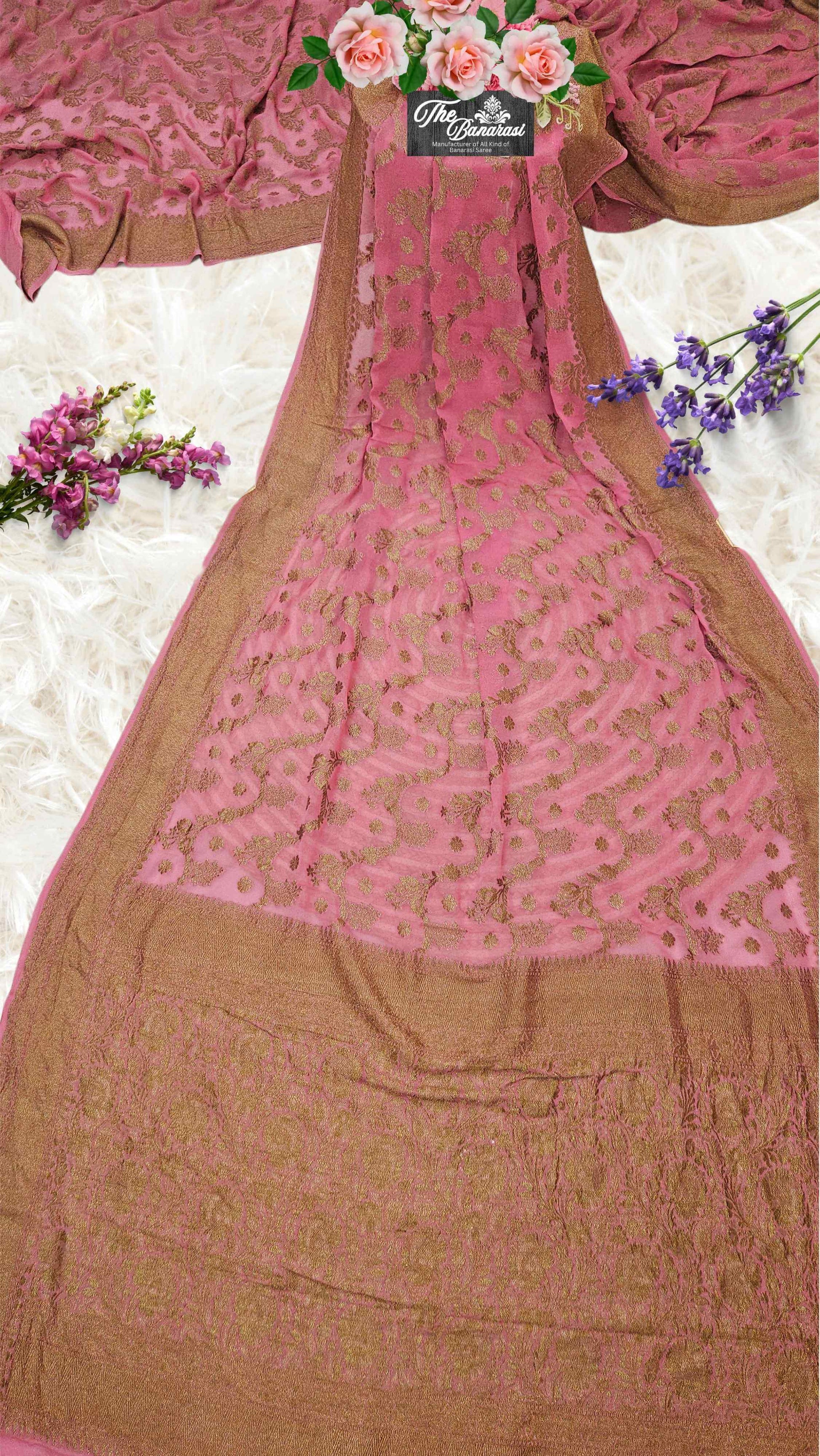 Rauge Pink Khaddi Georgette Handwoven Banarasi Saree with Antique Zari Work - Full View