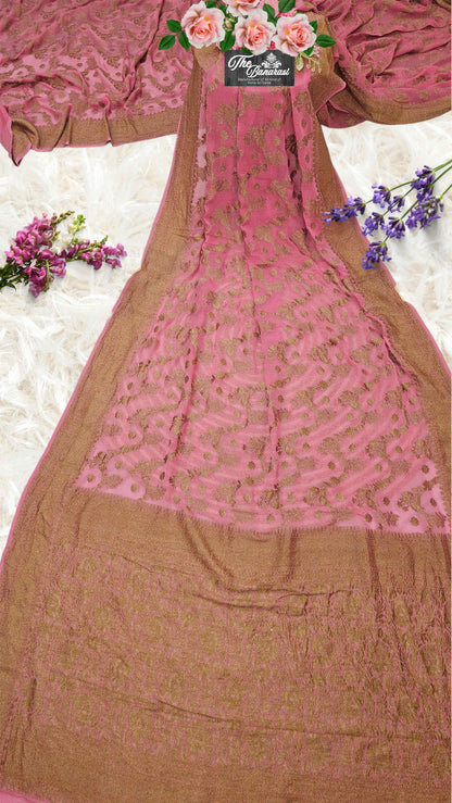 Rauge Pink Khaddi Georgette Handwoven Banarasi Saree with Antique Zari Work - Full View