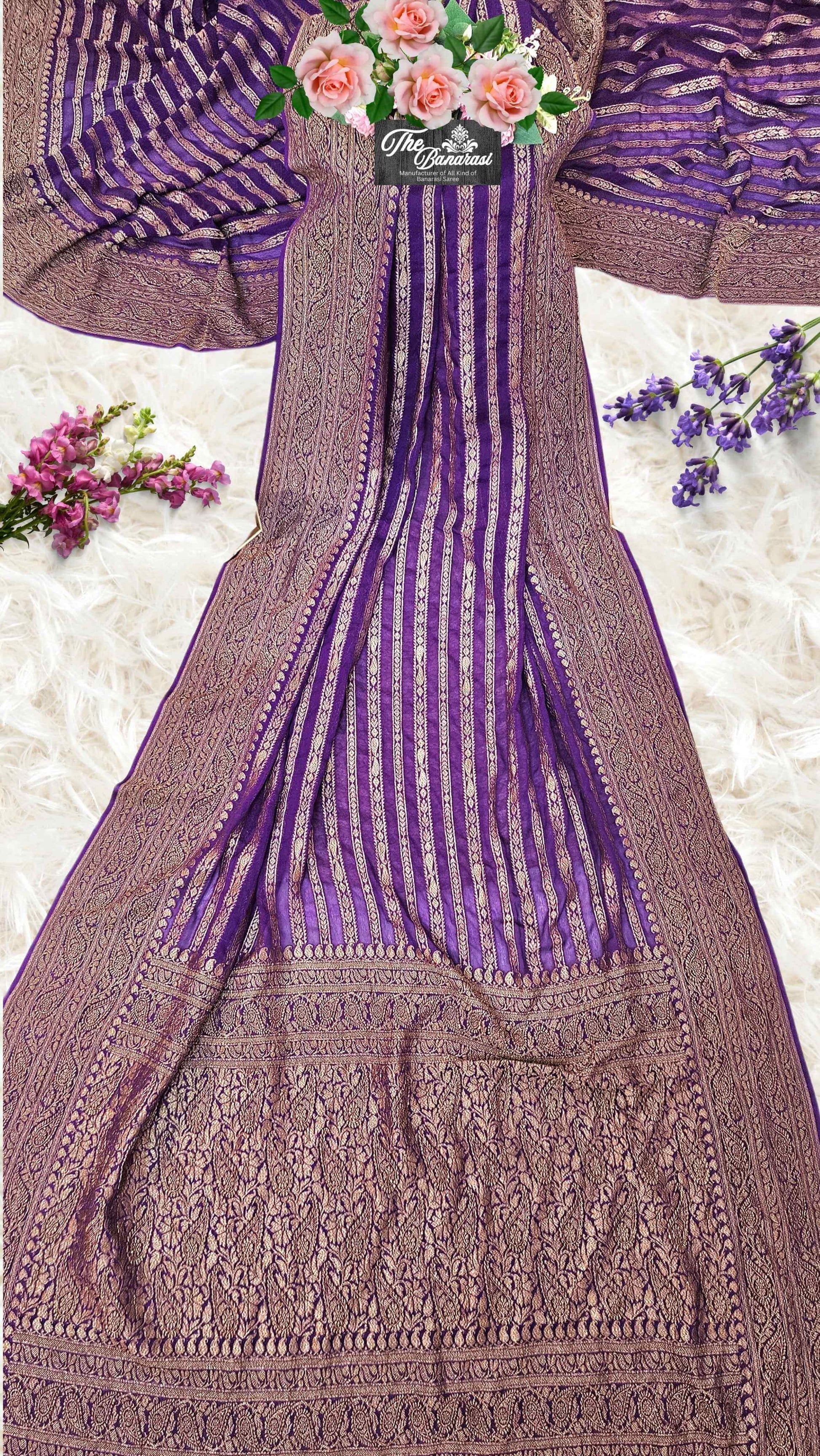 Purple Khaddi Georgette Handwoven Banarasi Saree with Antique Zari Work - Full View