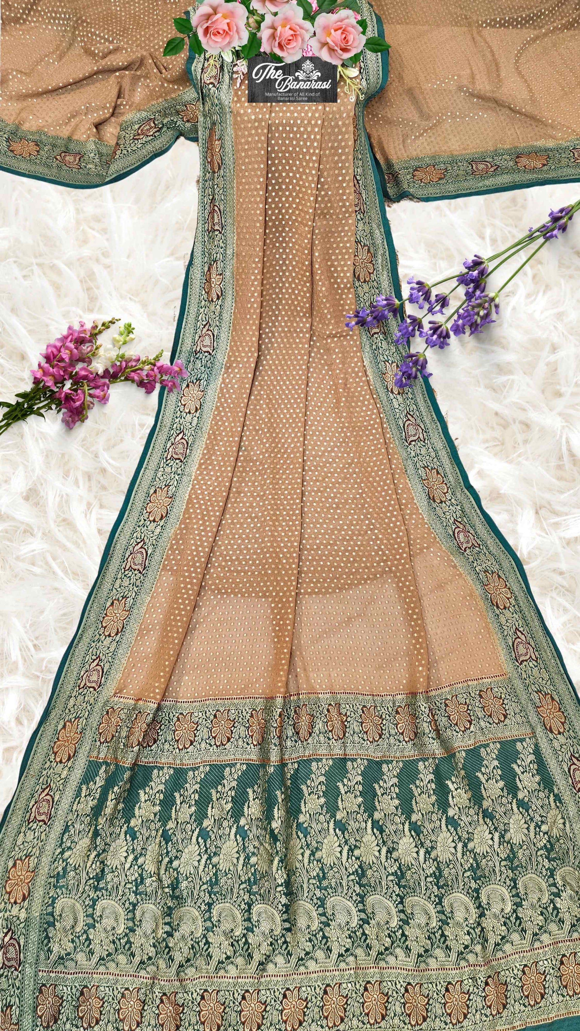 Wooden Brown Khaddi Georgette Handwoven Banarasi Saree with Antique Zari Work - Full View