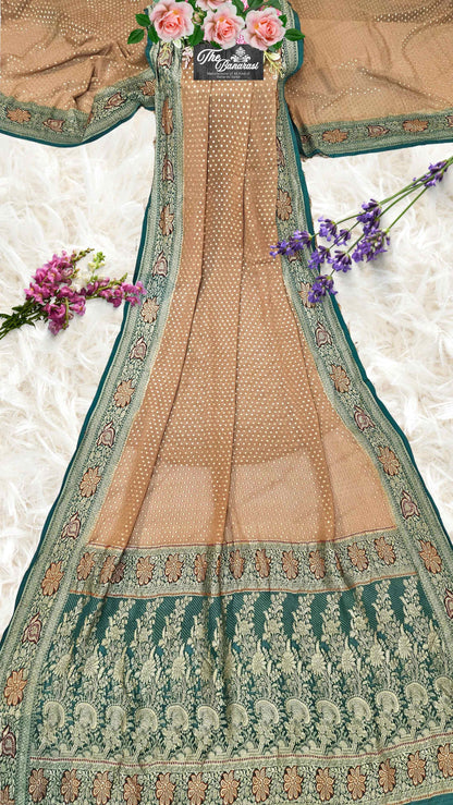 Wooden Brown Khaddi Georgette Handwoven Banarasi Saree with Antique Zari Work - Full View