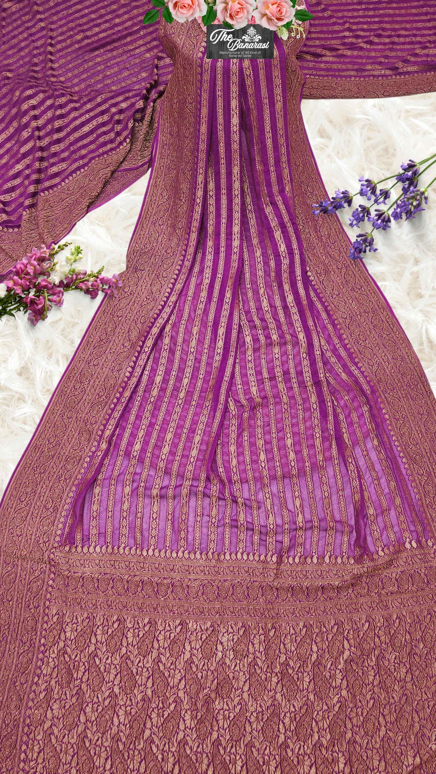 Chinese Purple Khaddi Georgette Handwoven Banarasi Saree with Antique Zari Work - Full View