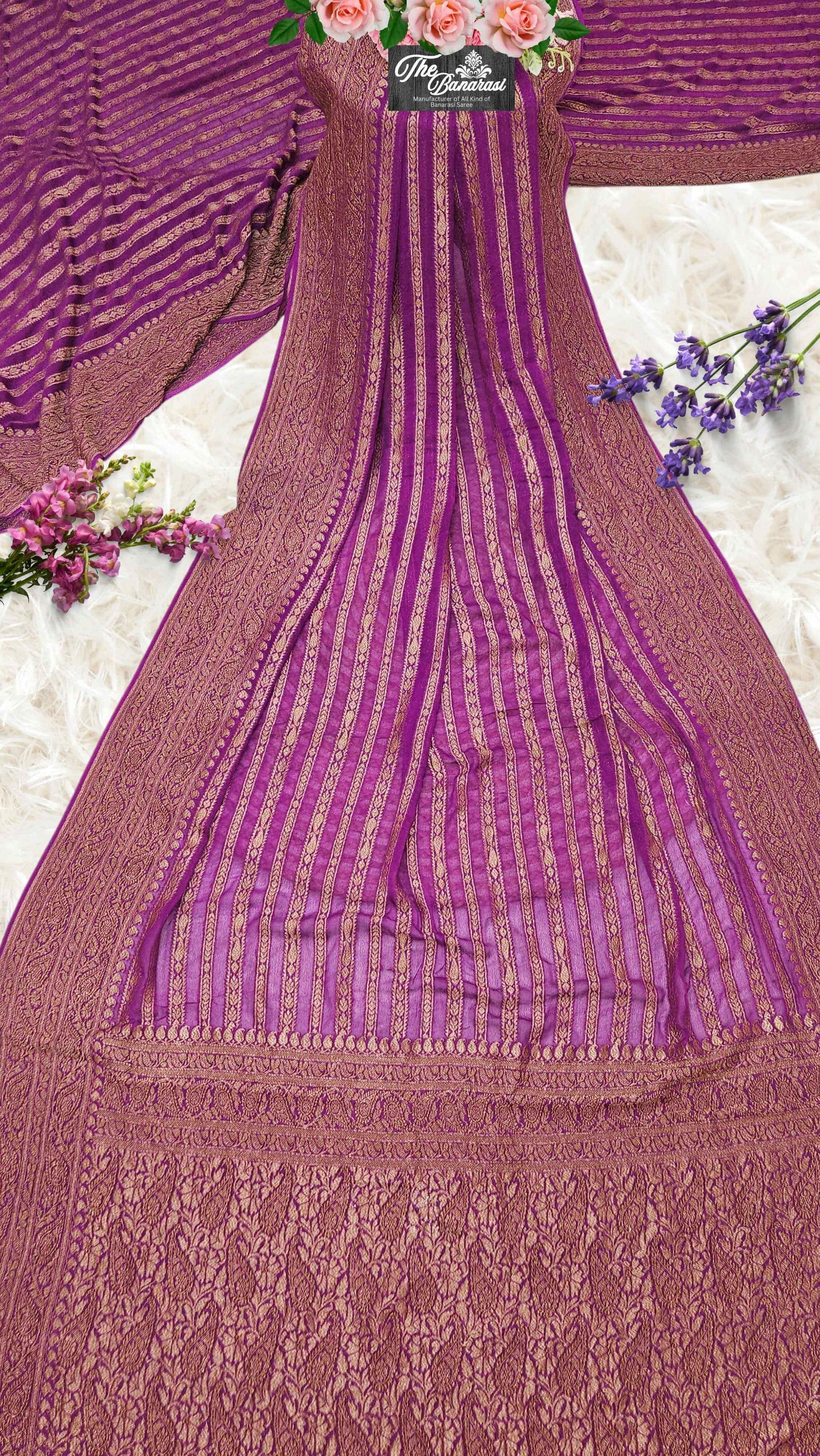 Chinese Purple Khaddi Georgette Handwoven Banarasi Saree with Antique Zari Work - Full View