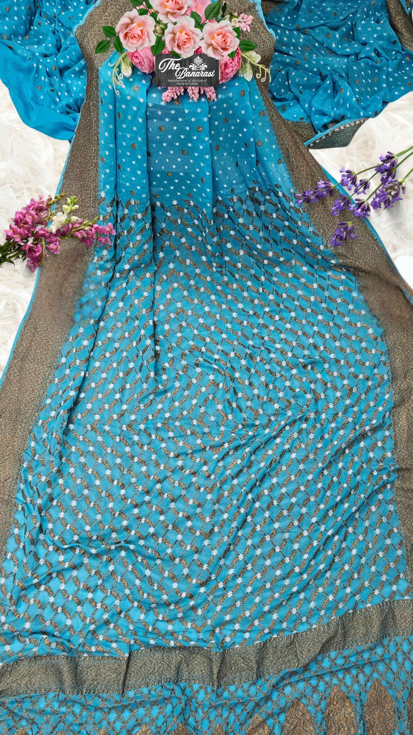 Arure Blue Khaddi Georgette Handwoven Banarasi Saree with Antique Zari Work - Full View