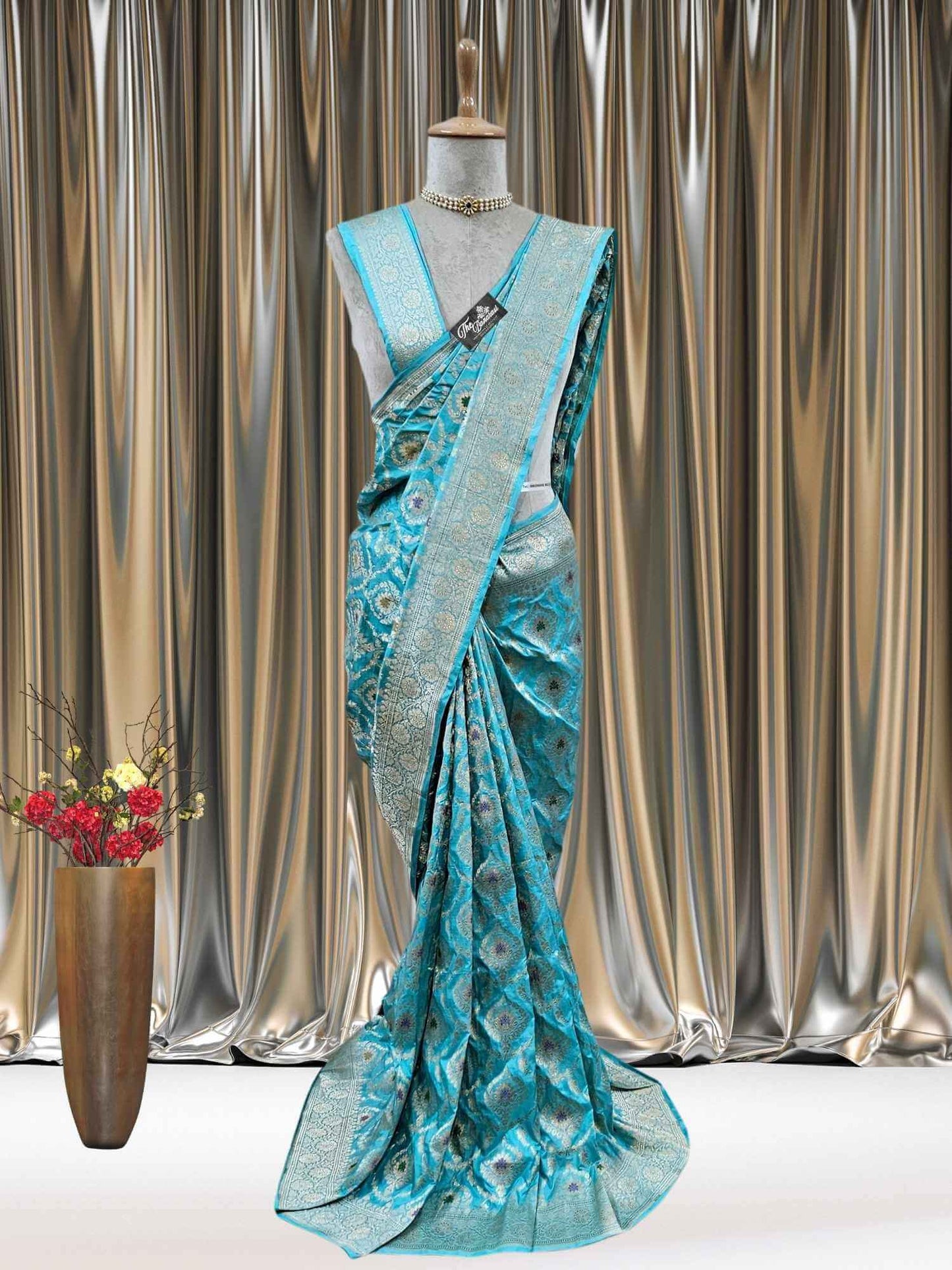 Mannequin Sky Blue Katan Silk Handwoven Banarasi Saree with Meenakari Design - Full View