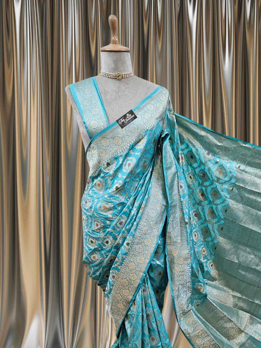 Close-up of Sky Blue Katan Silk Handwoven Banarasi Saree with Meenakari Design 