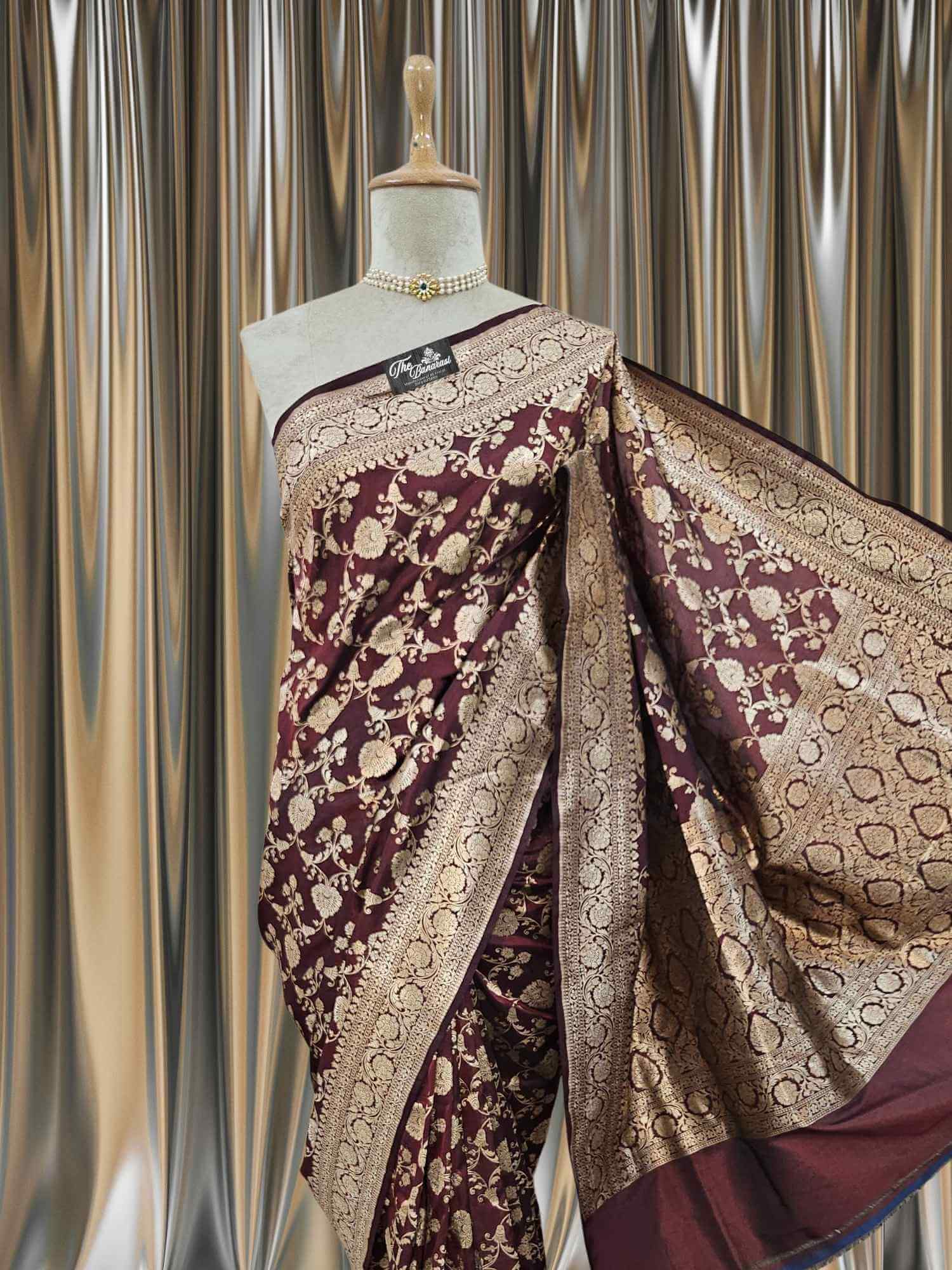 Close-up of Umber Brown Katan Silk Handwoven Banarasi Saree with Gold Zari Work