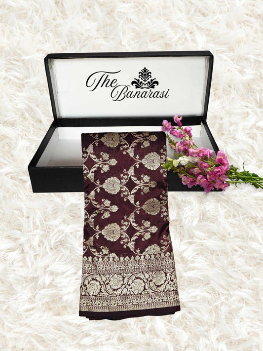 Umber Brown Katan Silk Handwoven Banarasi Saree with Gold Zari Work - Partial View