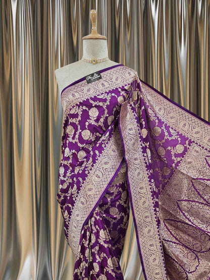 Close-up of Orchid Purple Katan Silk Handwoven Banarasi Saree with Water Zari Work