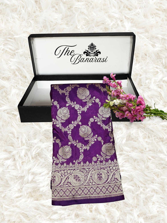 Orchid Purple Katan Silk Handwoven Banarasi Saree with Water Zari Work - Partial View