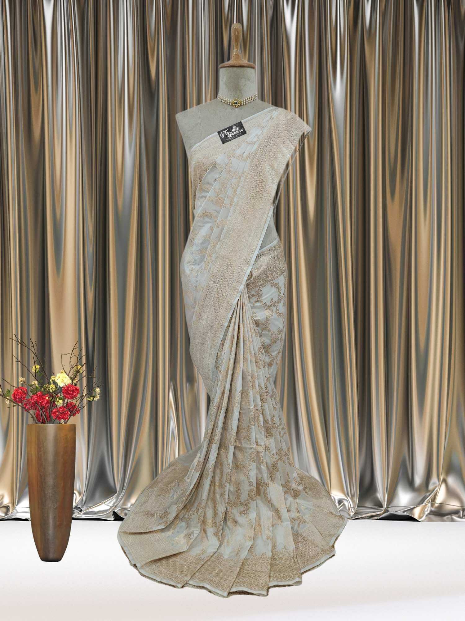 Mannequin wearing White Katan Silk Handwoven Banarasi Saree with Gold Zari Work - Full View