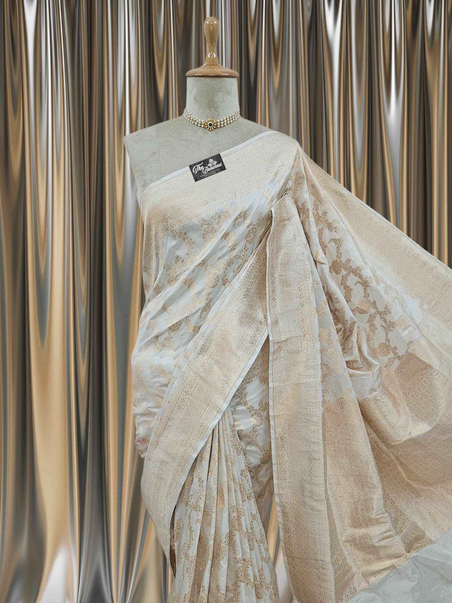 Close-up of White Katan Silk Handwoven Banarasi Saree with Gold Zari Work