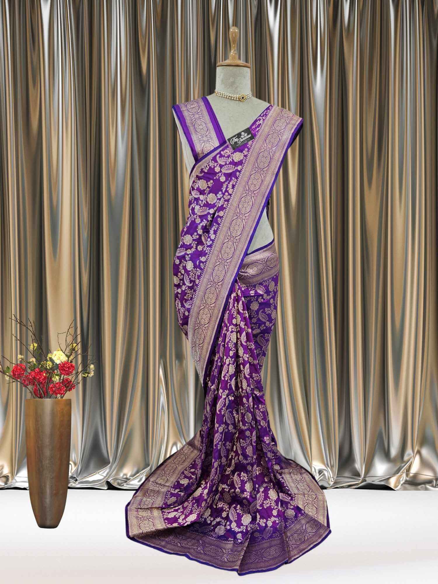 Mannequin wearing Violet Purple Katan Silk Handwoven Banarasi Saree with Water Zari Work - Full View