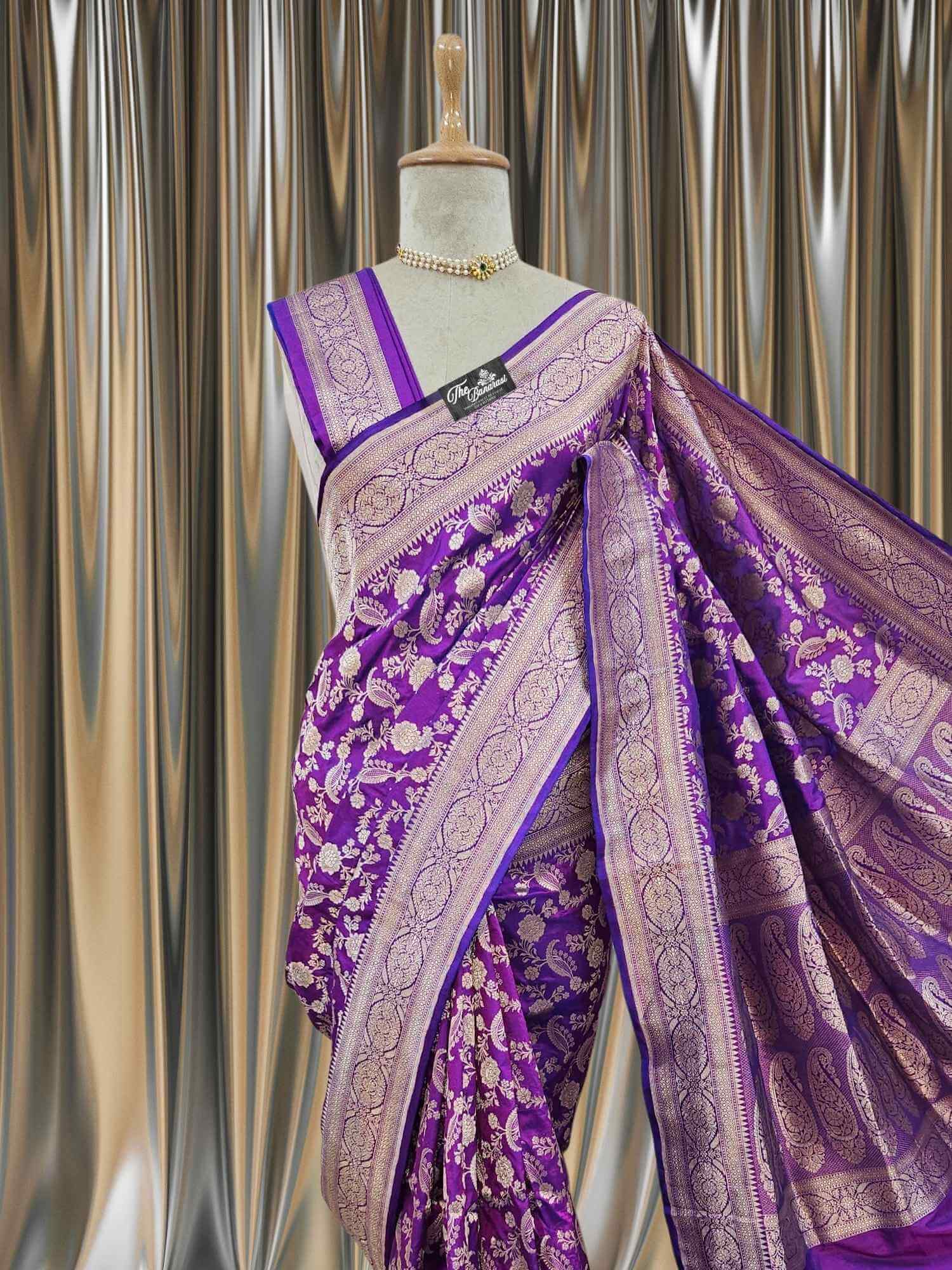 Close-up of Violet Purple Katan Silk Handwoven Banarasi Saree with Water Zari Work