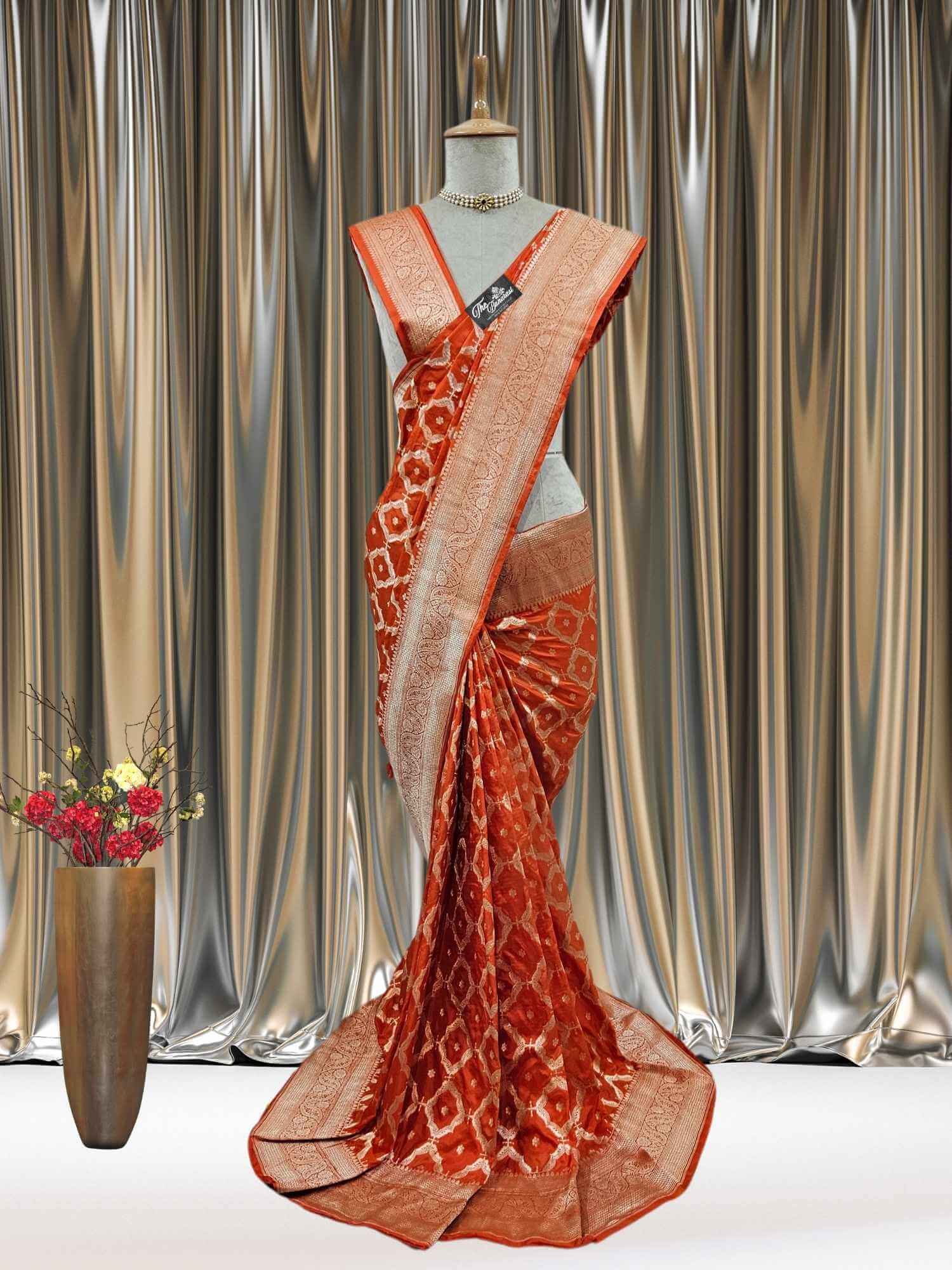 Mannequin wearing Orange Katan Silk Handwoven Banarasi Saree with Water Zari Work - Full View