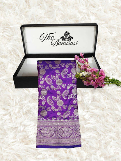Violet Purple Katan Silk Handwoven Banarasi Saree with Water Zari Work - Partial View