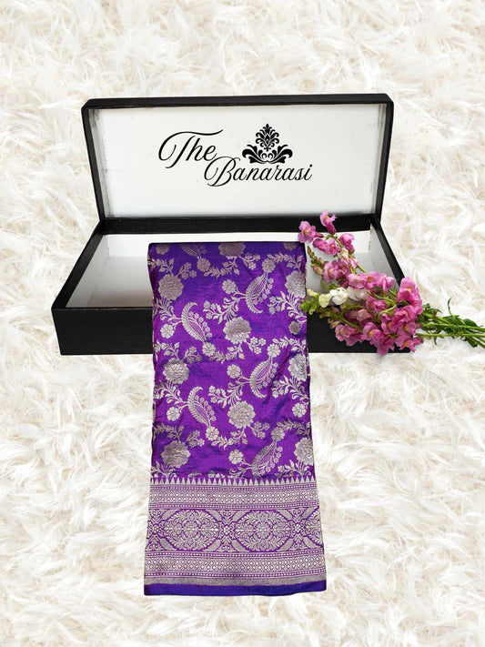 Violet Purple Katan Silk Handwoven Banarasi Saree with Water Zari Work - Partial View