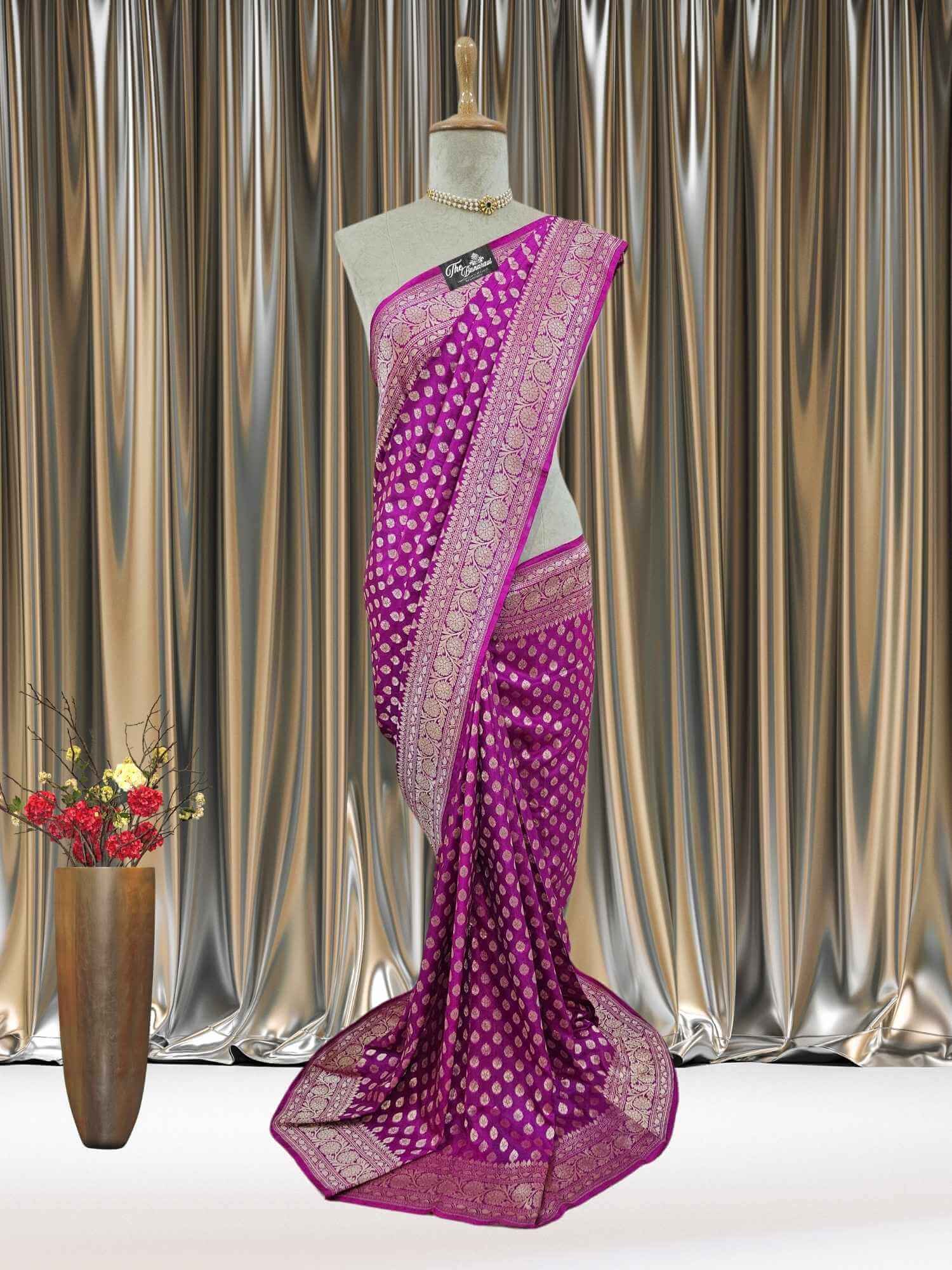 Mannequin wearing Magenta Katan Silk Handwoven Banarasi Saree with Water Zari Work - Full View