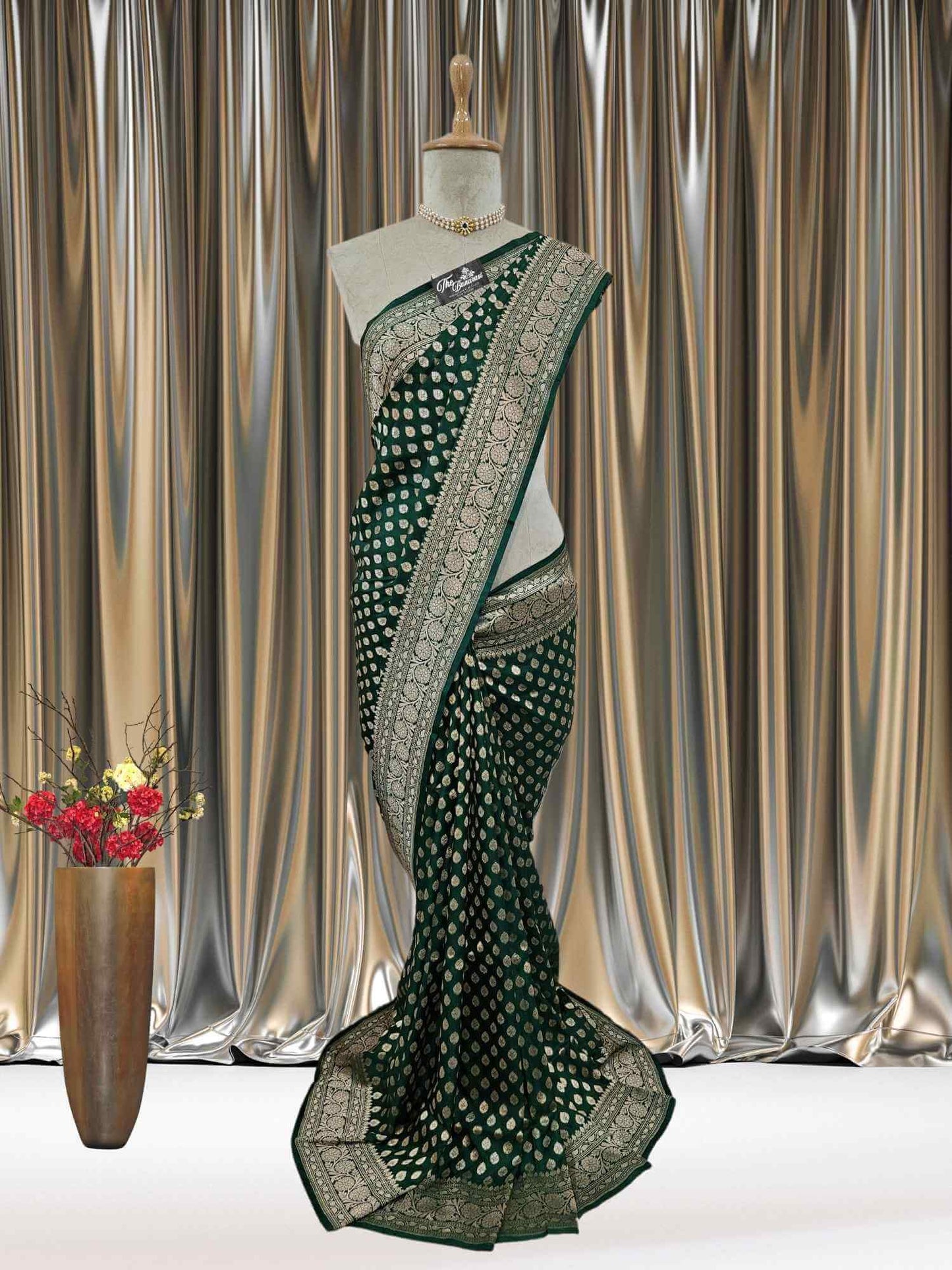 Mannequin wearing Dark Green Katan Silk Handwoven Banarasi Saree with Water Zari Work - Full View