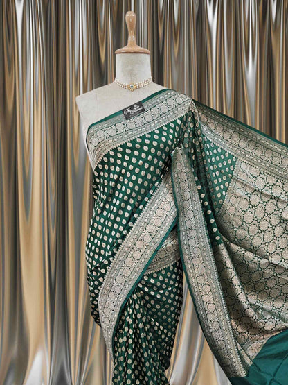 Close-up of Dark Green Katan Silk Handwoven Banarasi Saree with Water Zari Work