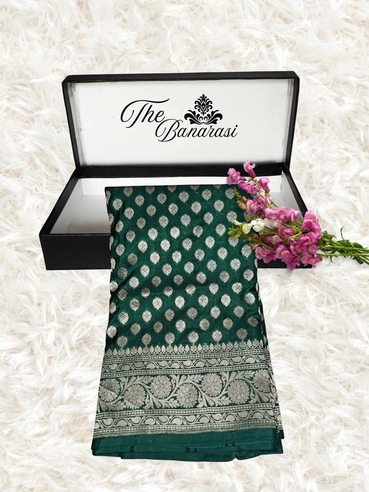 Dark Green Katan Silk Handwoven Banarasi Saree with Water Zari Work - Partial View