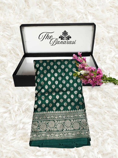 Dark Green Katan Silk Handwoven Banarasi Saree with Water Zari Work - Partial View
