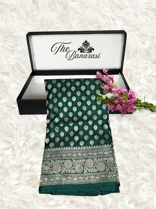 Dark Green Katan Silk Handwoven Banarasi Saree with Water Zari Work - Partial View