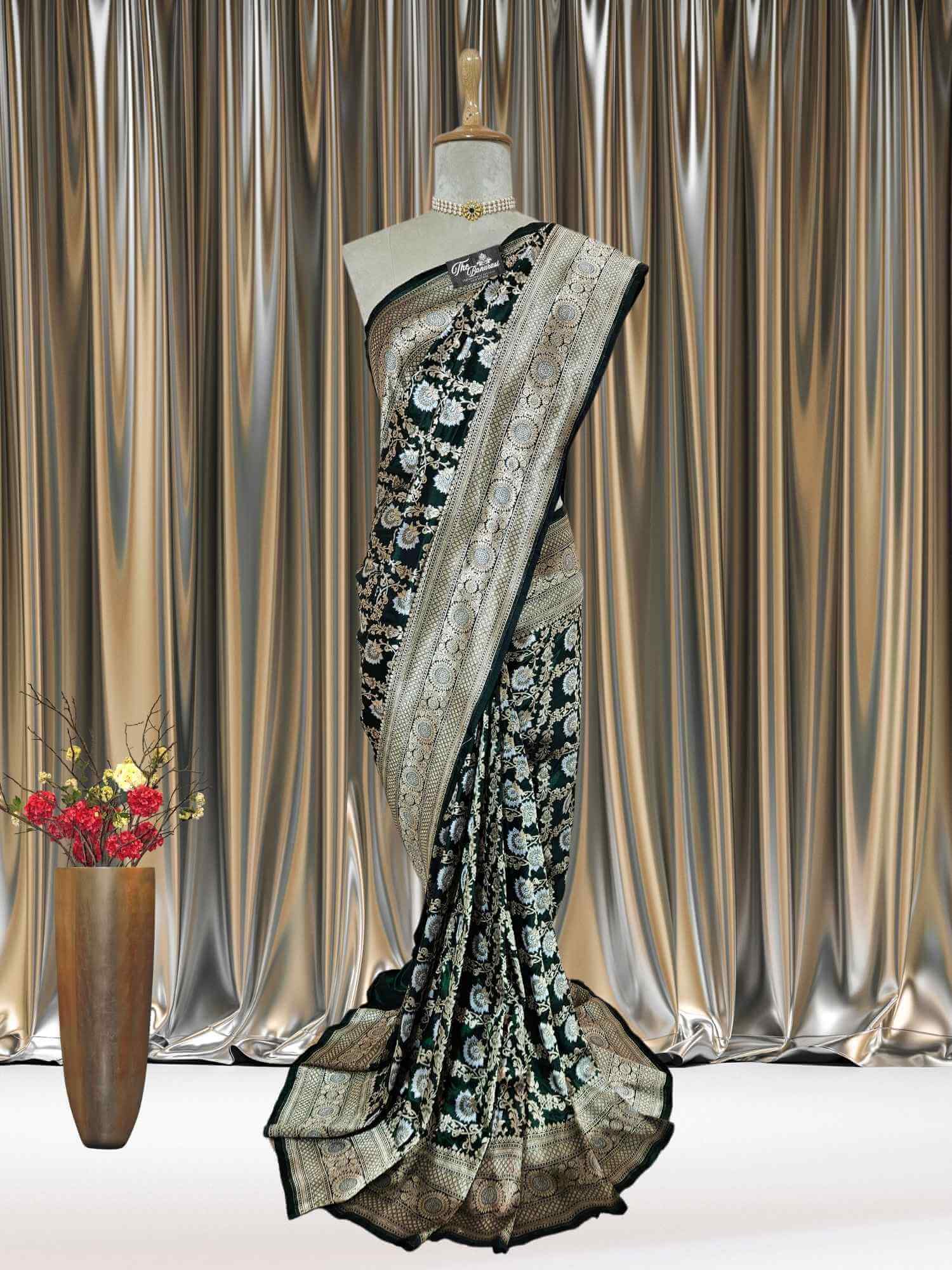 Mannequin wearing Forest Green Katan Silk Handwoven Banarasi Saree with Sona Roopa Work - Full View
