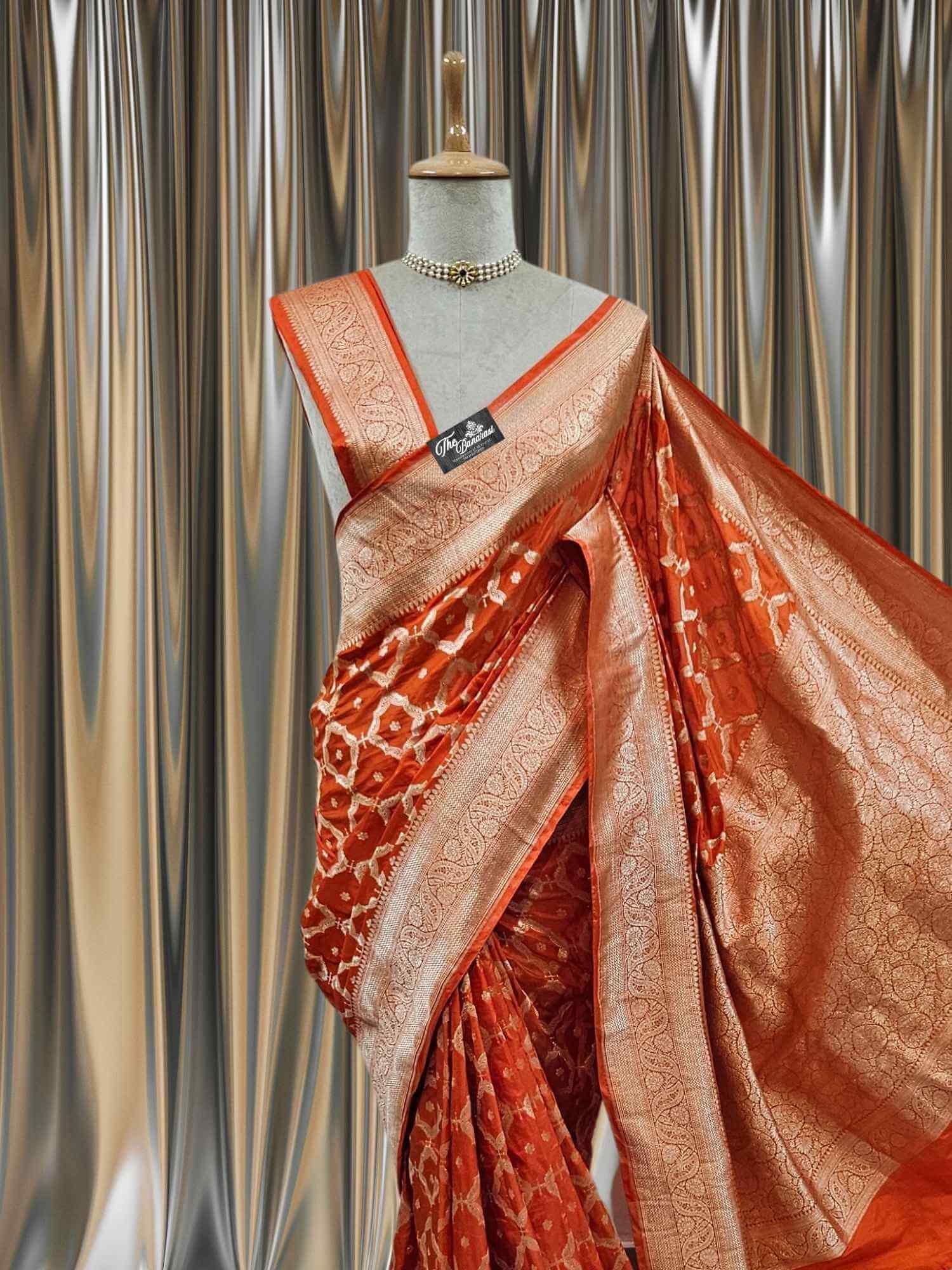 Close-up of Orange Katan Silk Handwoven Banarasi Saree with Water Zari Work