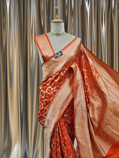 Close-up of Orange Katan Silk Handwoven Banarasi Saree with Water Zari Work
