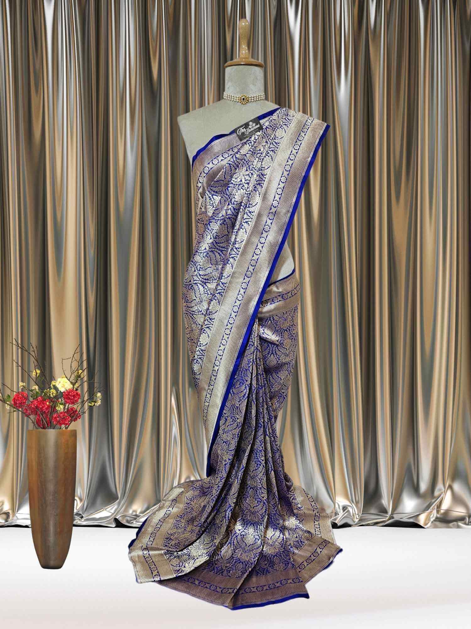 Mannequin wearing Azure Blue Katan Silk Tanchui Brocade Handwoven Banarasi Saree - Full View