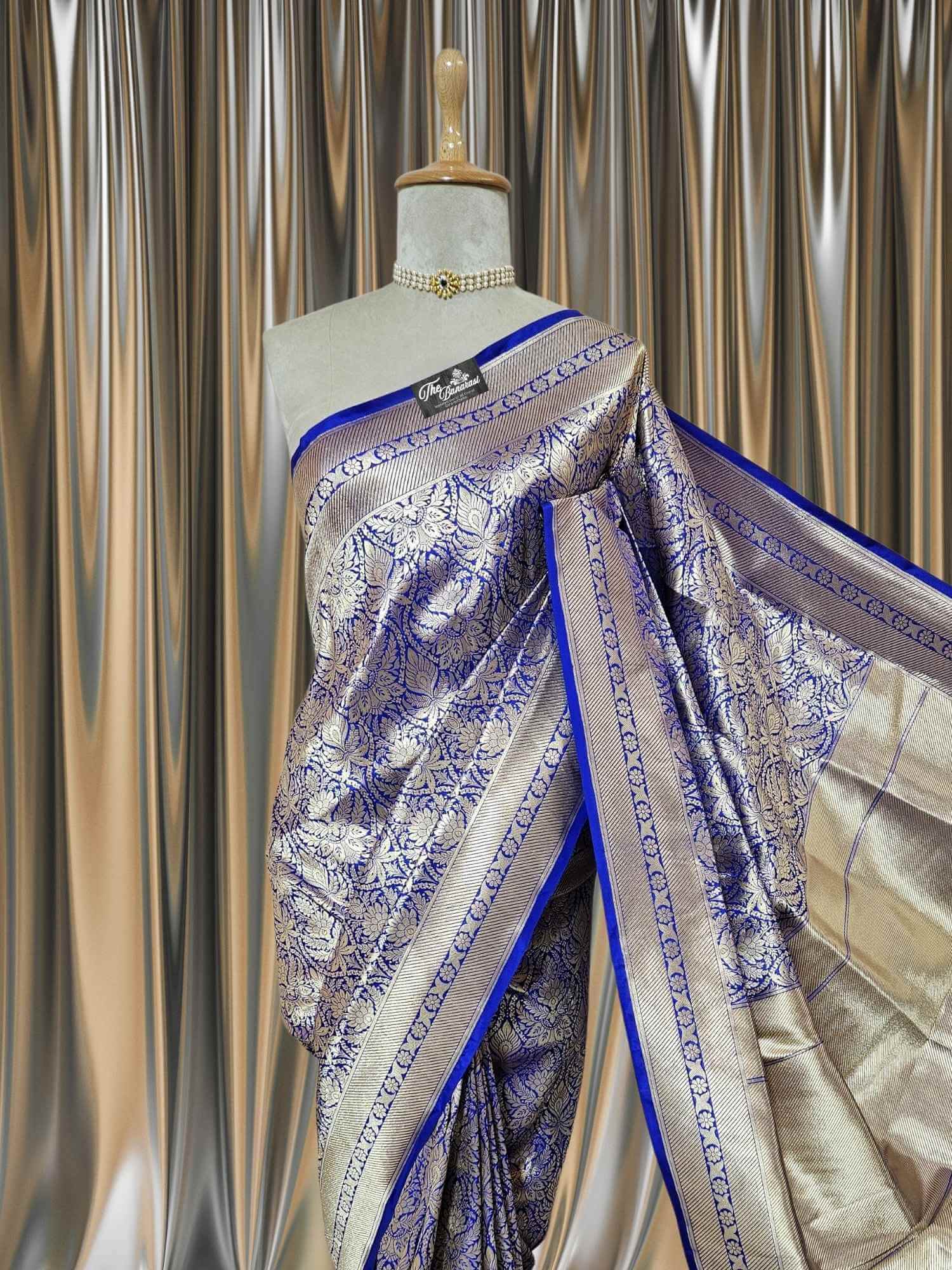 Close-up of Azure Blue Katan Silk Tanchui Brocade Handwoven Banarasi Saree
