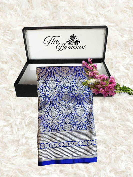 Azure Blue Katan Silk Tanchui Brocade Handwoven Banarasi Saree - Partial View