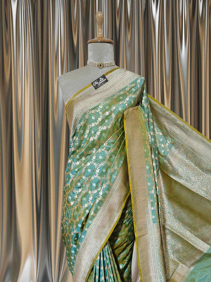 Close-up of Umber Green Katan Silk Handwoven Banarasi Saree with Sona Roopa Work