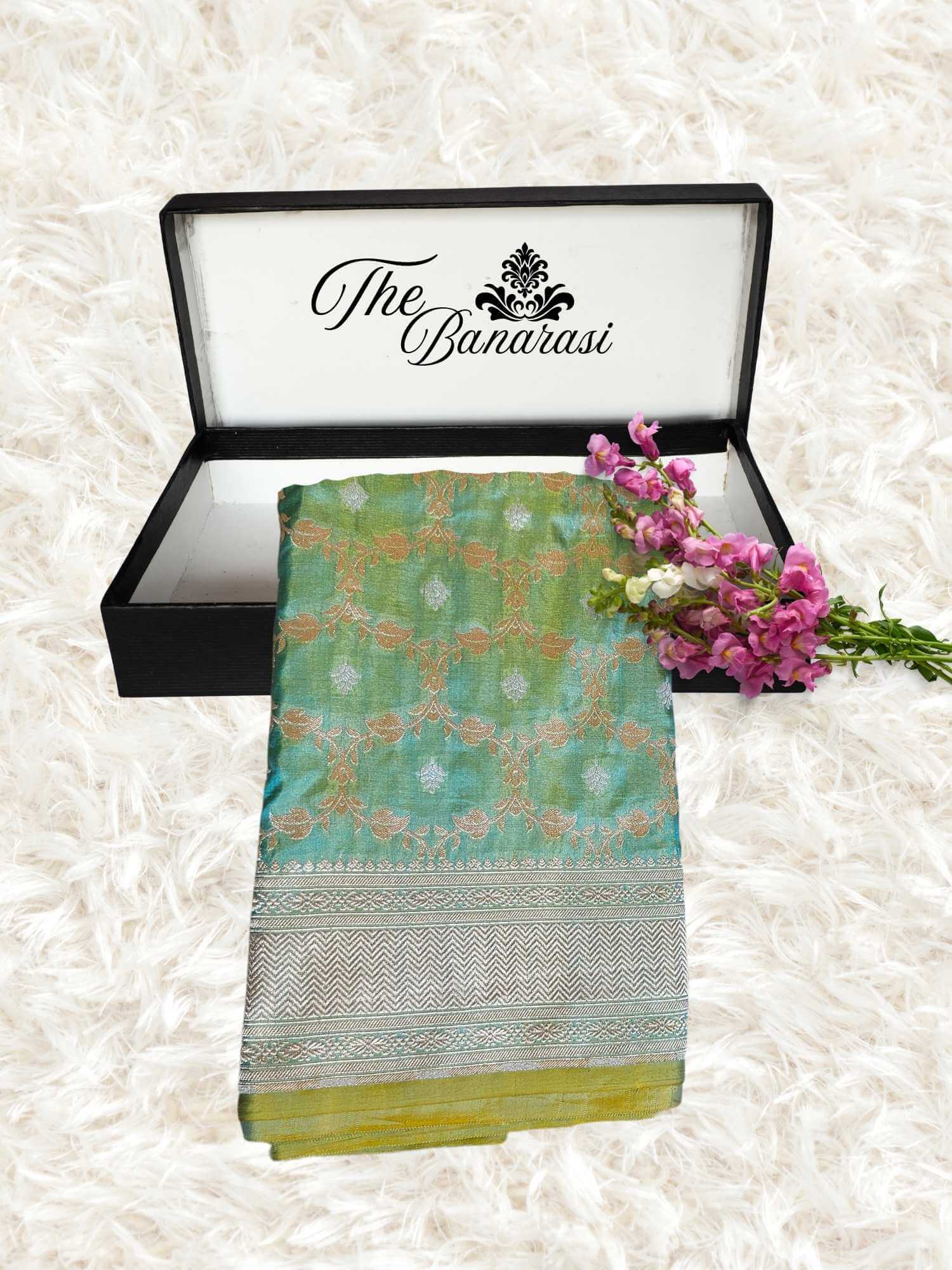 Umber Green Katan Silk Handwoven Banarasi Saree with Sona Roopa Work - Partial View