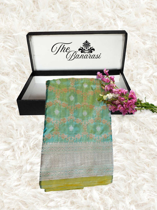 Umber Green Katan Silk Handwoven Banarasi Saree with Sona Roopa Work - Partial View