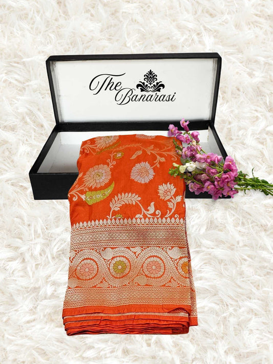 Orange Katan Silk Handwoven Banarasi Saree with Meenakari Design - Partial View