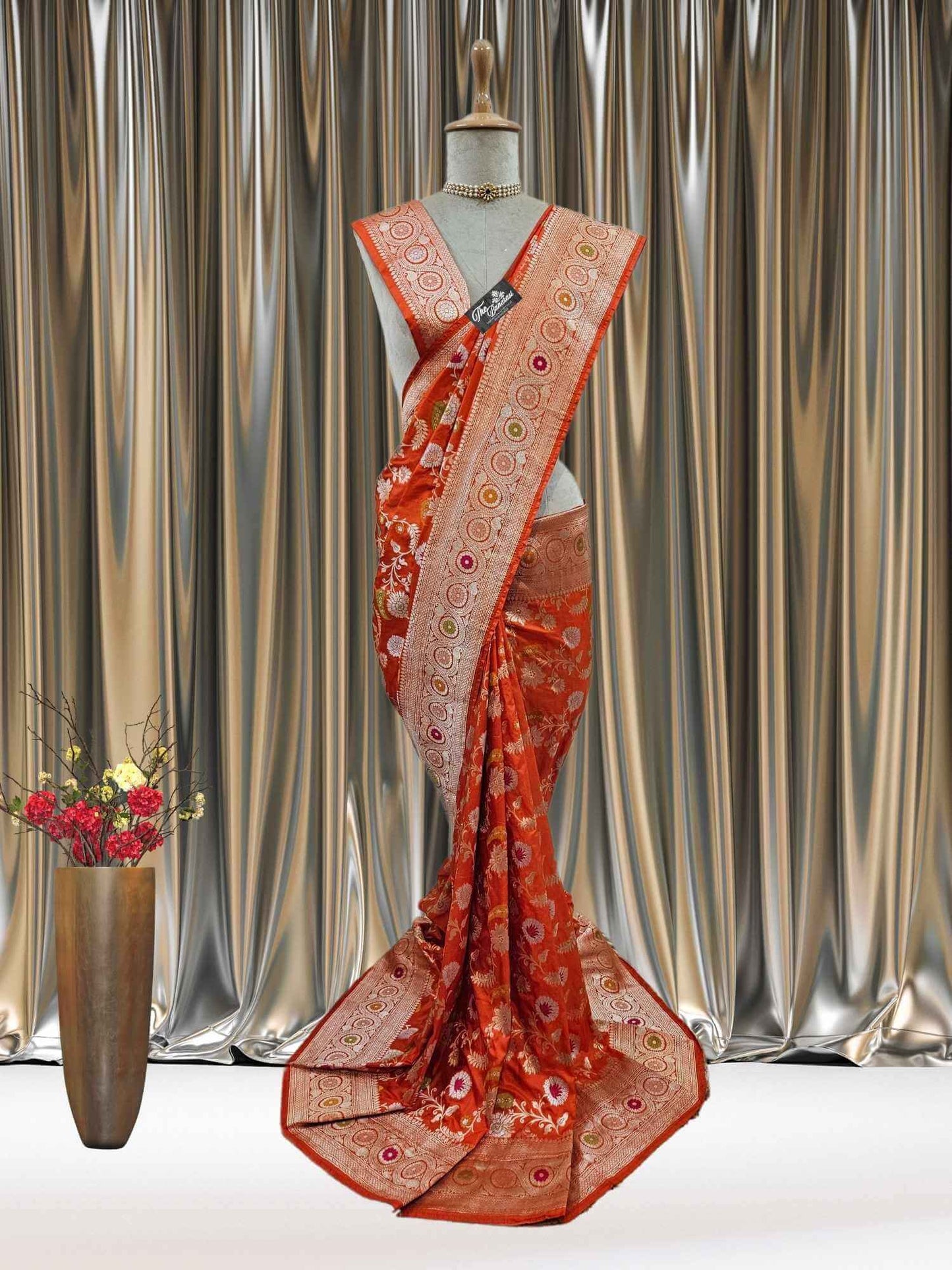 Mannequin wearing Orange Katan Silk Handwoven Banarasi Saree with Meenakari Design - Full View