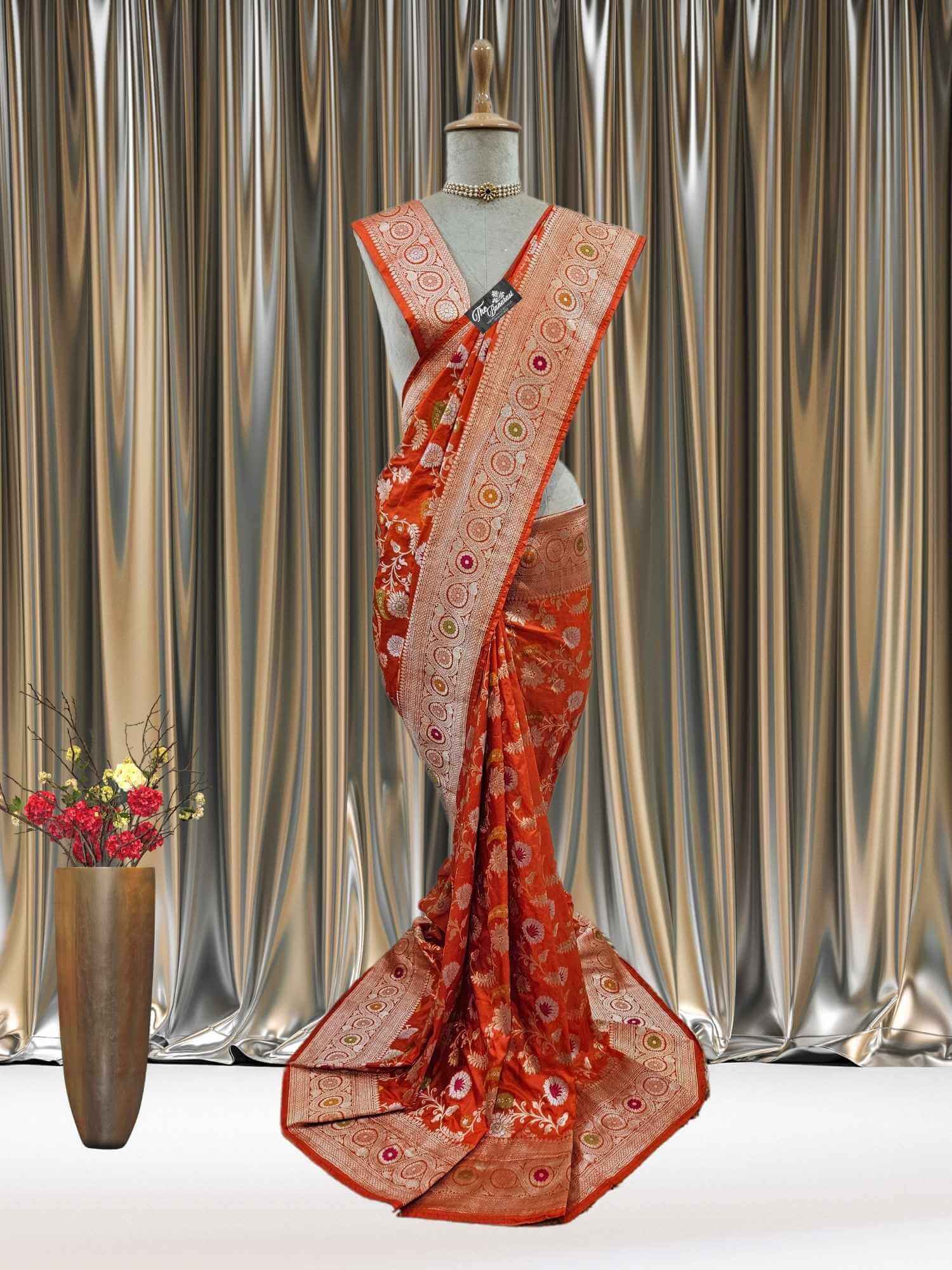 Mannequin wearing Orange Katan Silk Handwoven Banarasi Saree with Meenakari Design - Full View