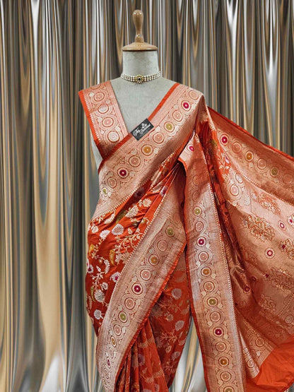 Close-up of Orange Katan Silk Handwoven Banarasi Saree with Meenakari Design