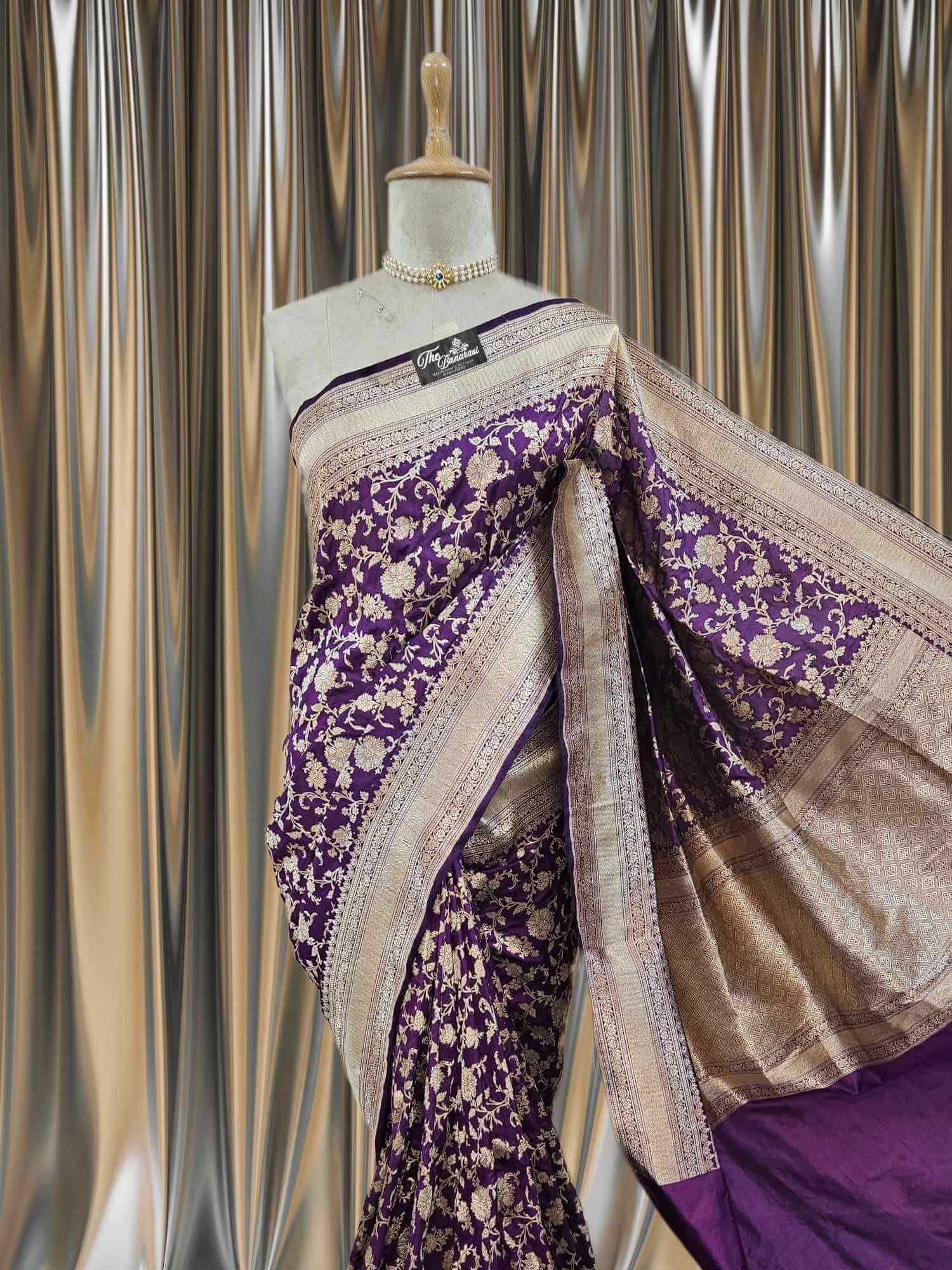 Close-up of Wine Purple Katan Silk Handwoven Banarasi Saree with Water Zari Work