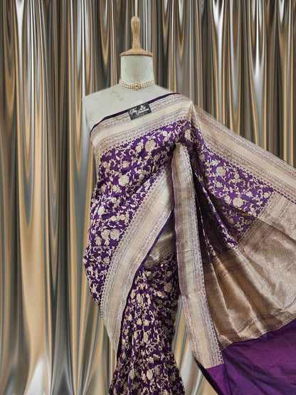 Close-up of Wine Purple Katan Silk Handwoven Banarasi Saree with Water Zari Work
